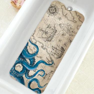 Imagem de Tapete de banheira antiderrapante, tapete de banheira extralongo de polvo, tapete de chuveiro com ventosas e orifícios de drenagem para adultos, crianças, idosos, 101 x 40 cm