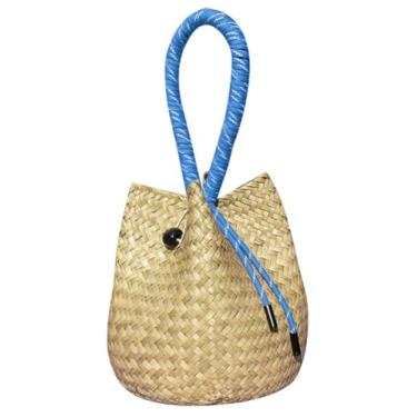 Imagem de Bolsa clutch de vime para mulheres 2025 moderna bolsa de mão macia bolsa de praia para noite carteira de bambu bolsa balde festa formatura, Bege-azul, One Size
