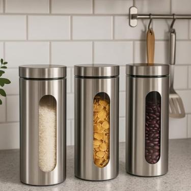 Imagem de Kit Com 3 Potes Vidro Vítreo Grande Revestidos Em Inox 1,8L com Tampa Hermética e Visor - Ideal para Armazenar Macarrão, Arroz, Feijão, Açúcar, Grãos e Mantimentos - Organização Da Cozinha