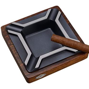 Imagem de Cinzeiro de charuto criativo grande base de madeira maciça 4 metal fumaça ranhura design personalidade cinzeiro fumante presente (18184 cm) marrom