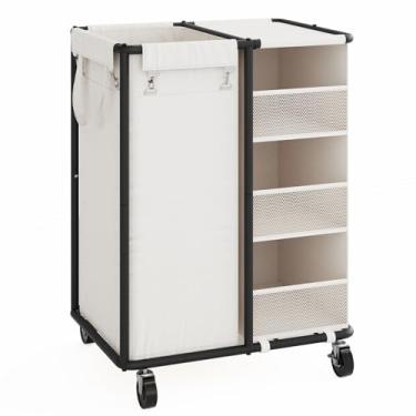 Imagem de WOWLIVE Organizador de roupas com rodas 100 L, cesto de roupa suja com rodinhas e bolsa removível, carrinho de lavanderia com estrutura de aço e unidade de armazenamento, organizador de cesta grande