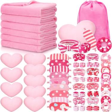Imagem de Fanfanwin 63 peças de suprimentos de festa do pijama no spa, 9 cobertores de lã, 9 travesseiros de coração fofo, 9 máscaras de cetim para os olhos, 9 faixas de spa, 9 pulseiras, 9 elásticos de pelúcia