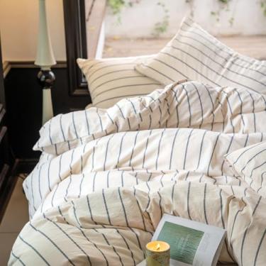 Imagem de LifeTB Conjunto de capa de edredom listrado Queen 100% algodão lavado, bege, com estampa de listras cinzas, 3 peças, capa de edredom queen listrada com fecho de zíper