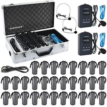 Imagem de EXMAX EXD-6688 Sistema de guia turístico sem fio de 2,4 GHZ Equipamento de tradução simultânea 9999 canais para exibição de ensino de treinamento de reunião (2 transmissores e 30 receptores com estojo