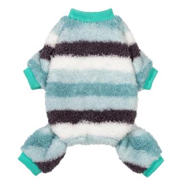 Imagem de Fitwarm Pijama listrado felpudo de lã para cães, roupas quentes de inverno para cães pequenos, meninos e meninas, macacão aconchegante para animais de estimação com pés, verde marinho claro, preto