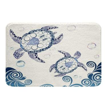 Imagem de Tapete de banheiro de tartaruga marinha, tartarugas marinhas, tapete de banheiro de tartaruga de praia, tapete de entrada de tartaruga abstrata azul petróleo, tapete de banheiro costeiro de répteis para banheiro, antiderrapante, absorvente de 51 x 81 cm