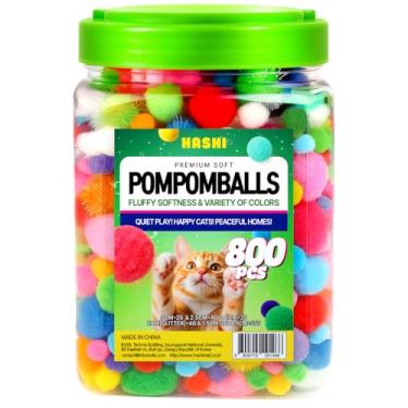 Imagem de HA SHI Bolas de brinquedo para gatos – pacote com 800 bolas de pompom, macias, saltitantes, brilhantes, multicoloridas e tamanhos mistos, brinquedos sem bolhas para gatos e gatinhos em ambientes