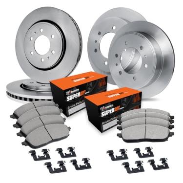 Imagem de R1 Concepts Rotores de freio traseiros dianteiros da série eLine com pastilhas OEp e kit de ferragens compatíveis com Dodge Dakota 2003-2004