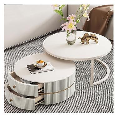 Imagem de Mesa de centro de design simples, mesa de centro redonda de 68 cm, conjunto de 2 mesas modernas com mesa de mármore falso e moldura de metal resistente, com gavetas de armazenamento, mesa de chá