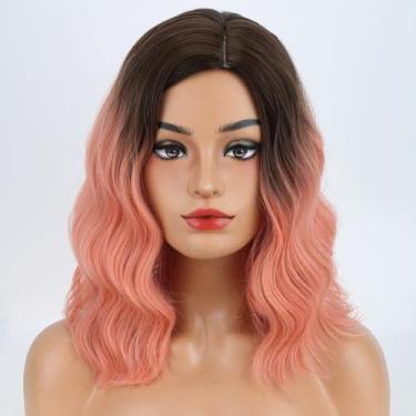 Imagem de MAGQOO Perucas cor-de-rosa para mulheres, meninas, curto, encaracolado, ondulado, marrom a rosa, raízes escuras, parte lateral, dois tons, peruca engraçada resistente ao calor, sintética para cosplay