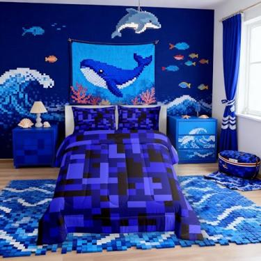 Imagem de Conjunto de edredom Pixelated Blocks, tamanho casal, camuflagem, mineiros, jogadores, crianças, edredom geométrico, quadriculado, preto, azul escuro, 2 fronhas