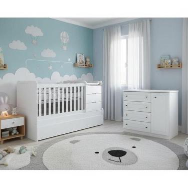 Imagem de Berço Multifuncional Cleo e Cômoda Infantil Mississipi Ambiente Branco