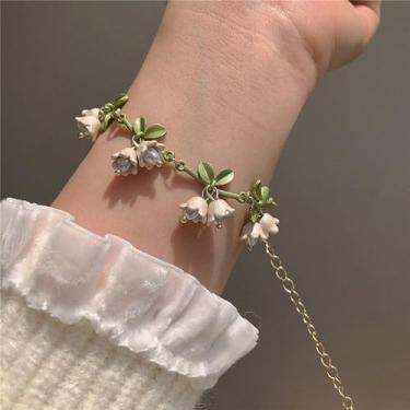 Imagem de Pulseira de flor de lírio do vale, elegante estilo floresta, design de pérola e fita verde