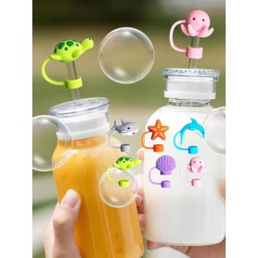 Imagem de Capa de palha de silicone de animais marinhos 6 peças canudos de 10 mm tampas à prova de poeira topo de palha de desenho animado compatível com canudos Stanley Cup 30 e 1,134 g