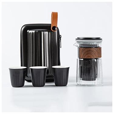 Imagem de Conjunto de chá portátil de viagem, com infusor de chá de Kung Fu chinês com 1 pote de vidro e 3 xícaras de chá de cerâmica, bolsa portátil para viagem, ao ar livre, casa, escritório, branco (preto)