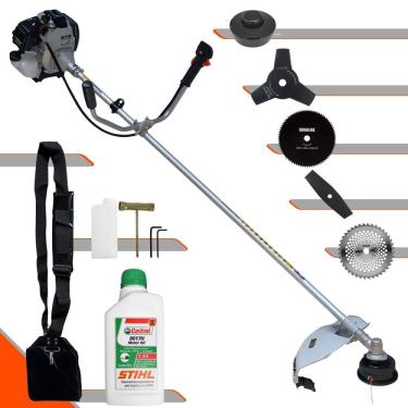 Imagem de Roçadeira Robusta Toyama TBC43H À Gasolina 1,7HP 43cc Com Carretel, Faca 2 Pontas, Faca 3 Pontas, Faca 40 Dentes Vídea, Faca 80 Dentes + ÓLEO STIHL 2T