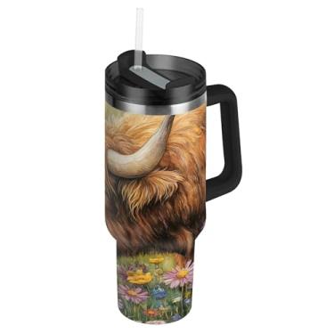 Imagem de SEHANY Copo Highland Cow de 850 g com tampa e canudo, aço inoxidável de vácuo duplo isolado garrafa de água esportiva suporte para copo de café de viagem à prova de vazamento para bebida gelada