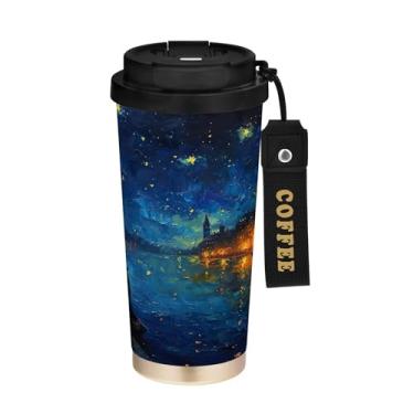 Imagem de SEHANY Caneca de café Starry Starry Night Travel de 500 ml com revestimento de cerâmica e tampa à prova de vazamento, parede dupla, isolada a vácuo, copo de aço inoxidável para bebidas quentes e frias
