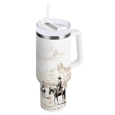 Imagem de xigua Copo vintage Western Cowboy de 1,134 g com tampa e canudo, aço inoxidável de vácuo duplo isolado garrafa de água esportiva suporte para copo de café de viagem à prova de vazamento para bebida