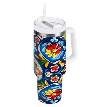 Imagem de Blueangle Copo isolado de 1,134 g com alça e tampa de canudo - Caneca de viagem de aço inoxidável à prova de vazamento, garrafa de água de cerâmica mexicana a vácuo de parede dupla (554)