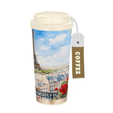 Imagem de SEHANY Caneca de viagem Torre de Paris em aquarela de 500 ml Copos de café reutilizáveis revestidos de cerâmica com tampa à prova de vazamento, parede dupla, isolamento a vácuo, copo de café de aço