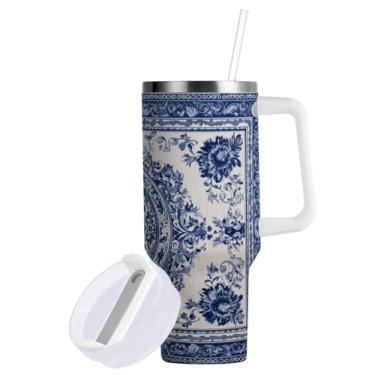 Imagem de ATTX Copo de porcelana azul e branco de 1,134 g com alça - Caneca de viagem de aço inoxidável isolada a vácuo, copo de café à prova de vazamento com canudo #818