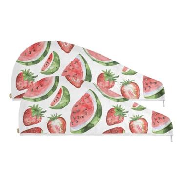 Imagem de SEHANY Toalha de cabelo de microfibra de morangos rosa aquarela para mulheres, 2 peças, turbantes de cabelo de secagem rápida com botão, touca de cabelo seco absorvente toalha de secagem de cabelo