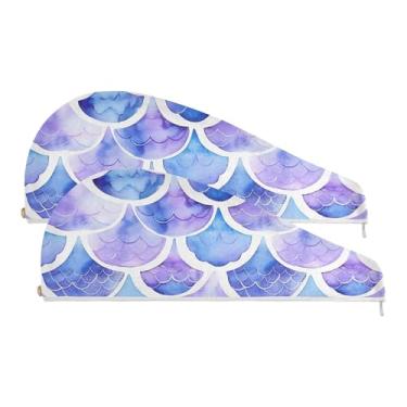 Imagem de SEHANY Toalha de cabelo de microfibra roxa pálida escamas de sereia para mulheres, 2 peças, turbantes de cabelo de secagem rápida com botão, touca de cabelo seco absorvente toalha de secagem de cabelo