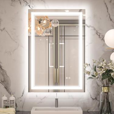 Imagem de Keonjinn Espelhos iluminados de 56 cm x 81 cm para parede de banheiro, espelho de banheiro de LED retroiluminado e retroiluminado, vidro temperado, 3 luzes coloridas, regulável, driver de LED listado