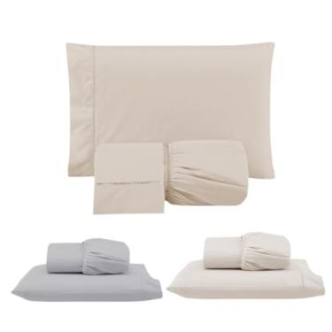 Imagem de Kit 3 Jogos de Lençol com Elástico e Fronhas Bordadas em Ponto Palito, 1 Casal King e 2 Solteiros, Micropercal 300 Fios 100% Poliéster (CKS Versat(Cáqui/Cinza/Palha))