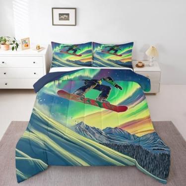 Imagem de Erosebridal Jogo de cama casal com tema de esqui de inverno Aurora, para crianças e adultos, snowboard esquiador, cenário de montanha, com 2 fronhas, decoração de quarto