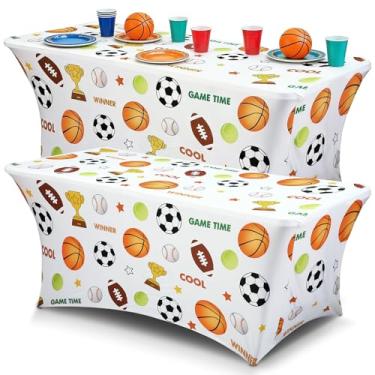 Imagem de HunnmingRe 2 peças de toalha de mesa esportiva de 1,8 m x 76 cm lavável toalha de mesa elástica retangular futebol basquete beisebol futebol tema suprimentos de festa esportes decoração de festa