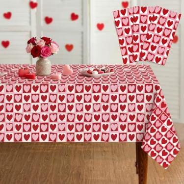 Imagem de Oudain Toalha de mesa de plástico descartável para dia dos namorados, 3 peças, toalha de mesa grande de 137 x 272 cm, decoração de festa de coração rosa, presente de aniversário de casamento