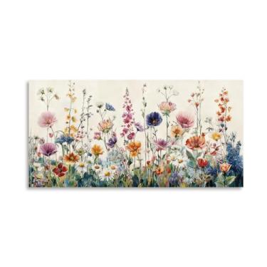 Imagem de Arte de parede emoldurada de flores coloridas, imagens de aquarela de flores silvestres, arte de parede grande para sala de estar, casa de fazenda, pintura moderna floral, painel de 101 x 50 x 20 cm x