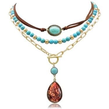 Imagem de Fscwlmon 3 colares femininos estilo cowgirl ocidental em camadas, boêmio, turquesa, contas ocidentais, strass, chapéu de cowboy, botas, pingente de cabeça de boi, gargantilha de clipe de papel