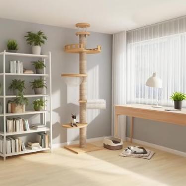 Imagem de Árvore para gatos do chão ao teto, madeira maciça, altura ajustável, árvore para gatos de 1,8 a 2,9 m de altura com arranhador de sisal e cápsula para gatos grandes, árvore de escalada estética de