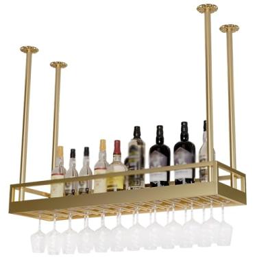 Imagem de Suporte para copos de vinho de teto, suporte de garrafa de vinho suspenso de metal com suporte de vidro, rack de exibição de vinho, para bar, sala de jantar, cozinha (cor: ouro, tamanho: 100 cm/39,4