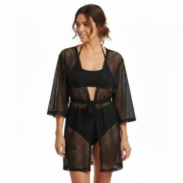 Imagem de Saída De Praia/ Kimono Em Renda De Arrastão Moda Verão - Corpo Dourado