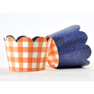 Imagem de Embrulhos de cupcake de piquenique para artigos de festa de churrasco, festas de aniversário, celebrações de aniversário, churrascos para bebês Q. Conjunto de 24 suportes de bolos de xadrez vermelho reversível para jeans com estampa recortada