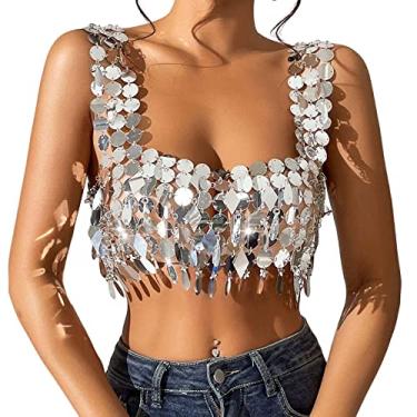 Imagem de Fancyes Top cropped com lantejoulas e frente única Y2K conjunto de corrente ajustável sutiã feminino top camisola camisola Cami para festa de dança Halloween, forma de gota