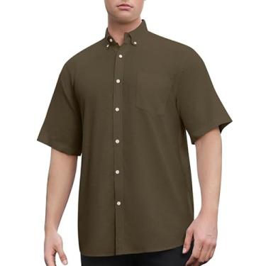 Imagem de Sedyrak Camisa de manga curta masculina de linho de algodão com ajuste regular casual com botão e bolso frontal, Verde militar 382, 5G