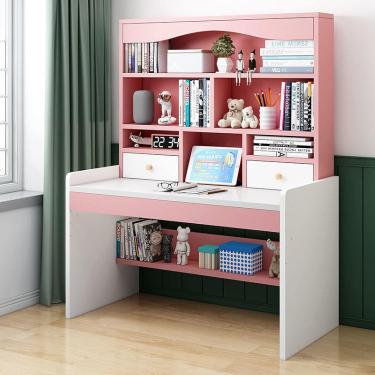 Imagem de Escrivaninha com prateleiras de armazenamento e 2 gavetas, escritório doméstico, mesa de computador, estação de trabalho, altura ajustável, rosa, 39 polegadas