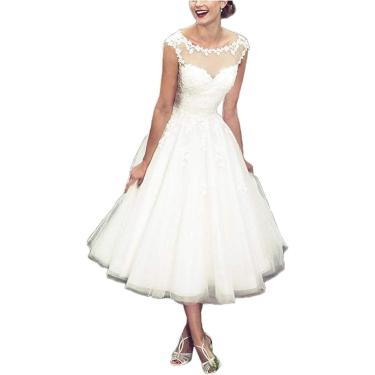 Imagem de Vestido de noiva curto vintage elegante feminino para noiva com renda sem mangas, branco, 42