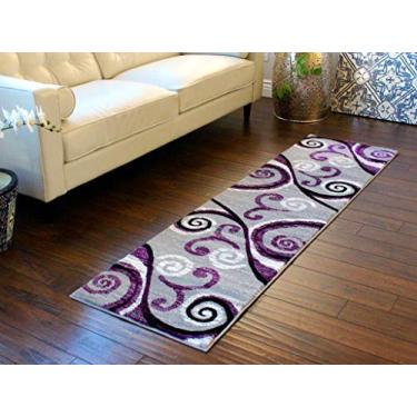 Imagem de Masada Rugs, Stephanie Collection Tapete de área moderno design contemporâneo 1100 roxo cinza branco preto (2 pés x 7 pés 3 polegadas) corredor