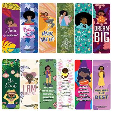 Imagem de Creanoso Marcadores de livro motivacionais para meninas negras (10 conjuntos x 6 cartões) – Conjunto de cartas inspiradoras diárias – Cortadores de página de livros interessantes – Ótimas recompensas