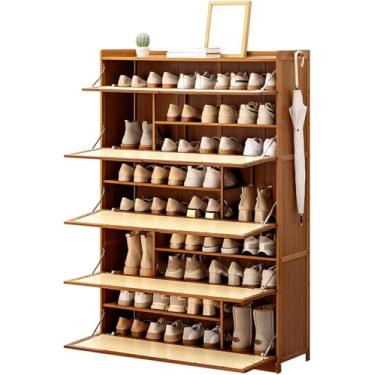 Imagem de Armários de armazenamento de sapatos de bambu com portas dobráveis, organizador de armário de armazenamento de sapatos com 2 ganchos, armário de sapatos para corredor, sala de estar, 100 × 33 × 145 cm