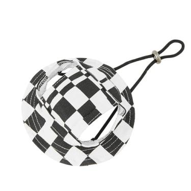 Imagem de HDKUW Chapéu de balde para cães, boné redondo para cães com orifício de orelha, ajustável para viagens ao ar livre, proteção solar, chapéu esportivo para gatos pequenos e médios preto xadrez M