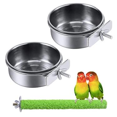 Imagem de PINVNBY Copos de prato de alimentação de papagaio, alimentador de pássaros aço inoxidável, tigelas de água com suporte de braçadeira, suporte de gaiola de periquito, suporte de plataforma, brinquedos de moagem de pata para Budgies Arara animal pequeno (pacote com 3)