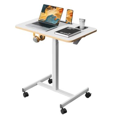 Imagem de Liftsync Mesa móvel de pé, carrinho de laptop com altura ajustável com suporte de copo, mesa portátil de 71 cm com 4 rodas traváveis, estação de trabalho branca para computador com gancho e