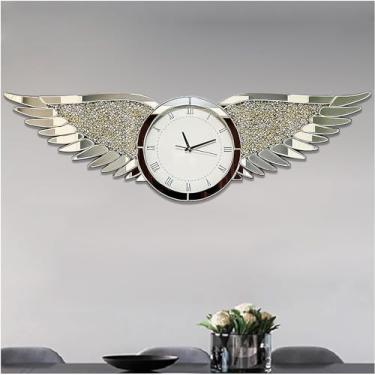 Imagem de Relógios para decoração de sala de estar moderno estilo asa prata cristal diamante relógio grande espelho relógio de parede decorativo para sala de estar, quarto, cozinha, sala de jantar, 140 × 42